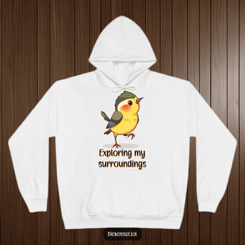 Funny Dickcissel Bird Hoodie: A warm hoodie depicting a dickcissel bird hopping sideways with an air of playful exploration.