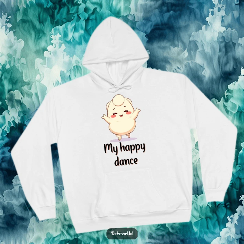 Funny hoodie depicting a winking dumpling character energetically doing a delightful jig, perfect for cozy days with a playful vibe, an excellent funny gift.