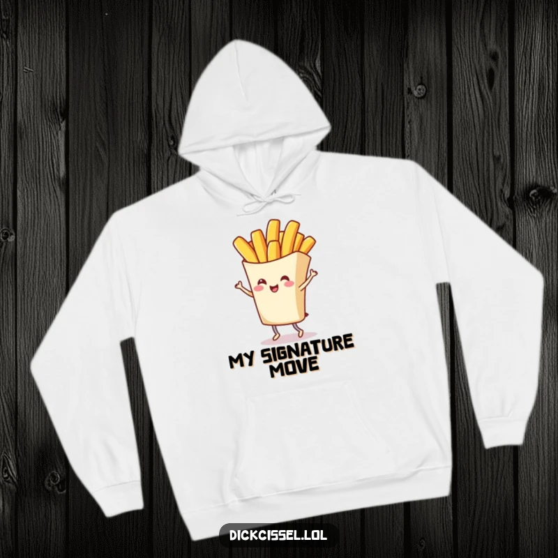 Funny hoodie depicting a cheerful french fry character in a stylish grand twirl, perfect for cozy days with a touch of fun, an excellent funny gift.