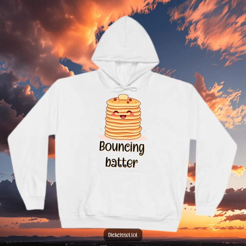 Funny pancake hoodie showing a stack of happy pancakes bouncing together, perfect for cozy breakfast lovers.