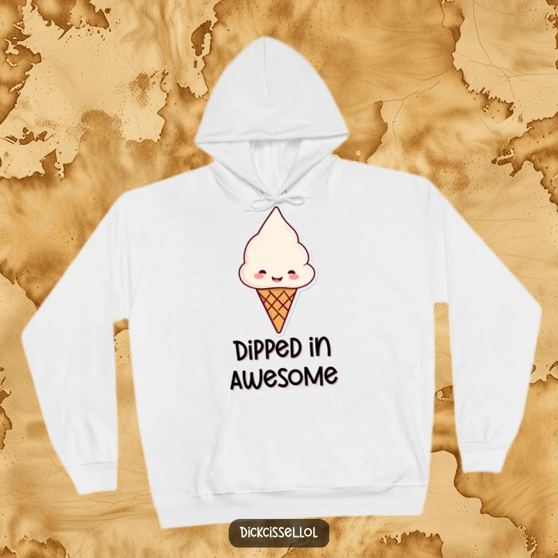 Funny ice cream cone hoodie, smiling and offering a cone, for sweet and cozy moments.