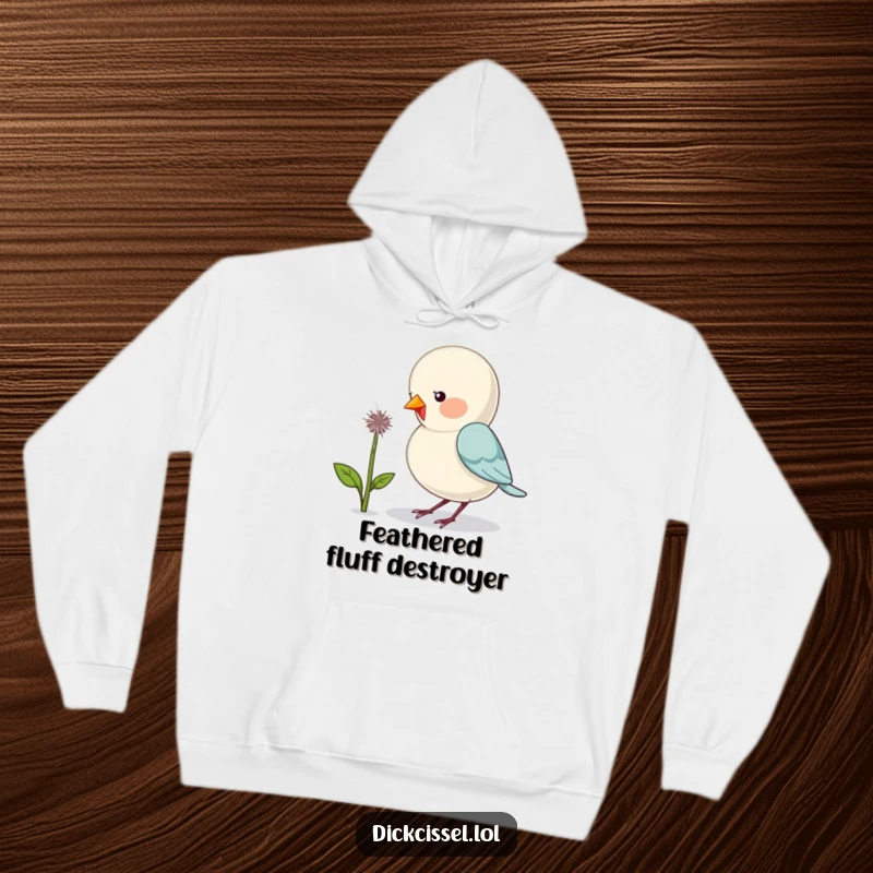 Funny hoodie with a cute bird humorously engaged in pecking a dandelion puff, ideal for cozy laughs.