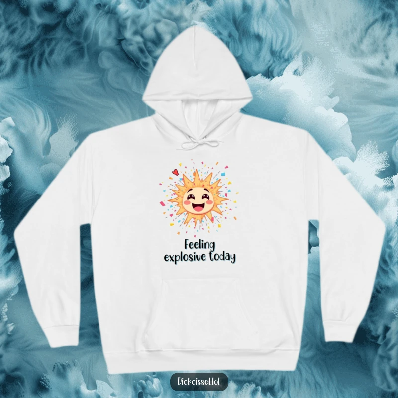 Funny hoodie featuring a sticker of a joyful explosion with confetti and streamers erupting outwards, perfect for warmth.