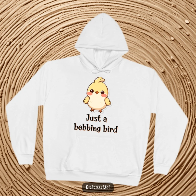 Funny hoodie depicting a small, cute bird character with a prominent bobbing feather tuft, radiating warmth and cheerful energy.