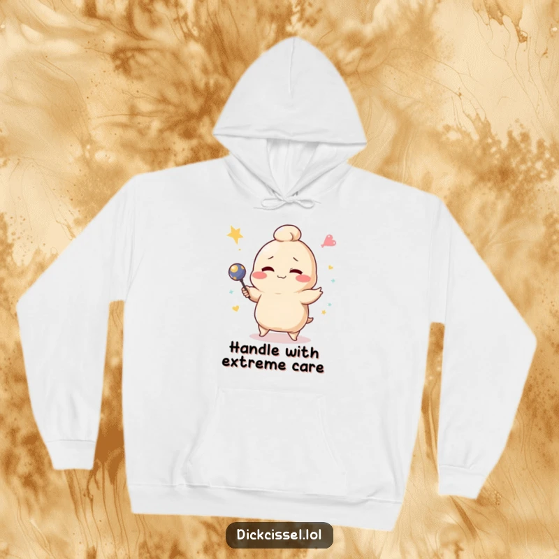 Funny winking dumpling character failing at juggling, printed on a cozy hoodie for maximum humor.