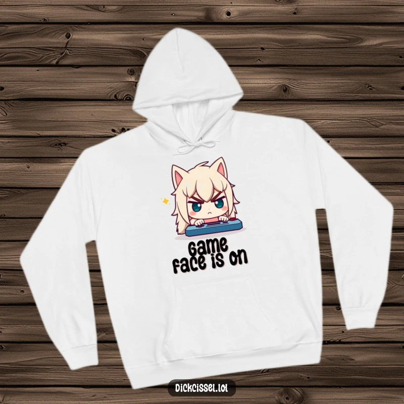 Funny hoodie with a character's comically determined expression, intensely focused on playing a video game.
