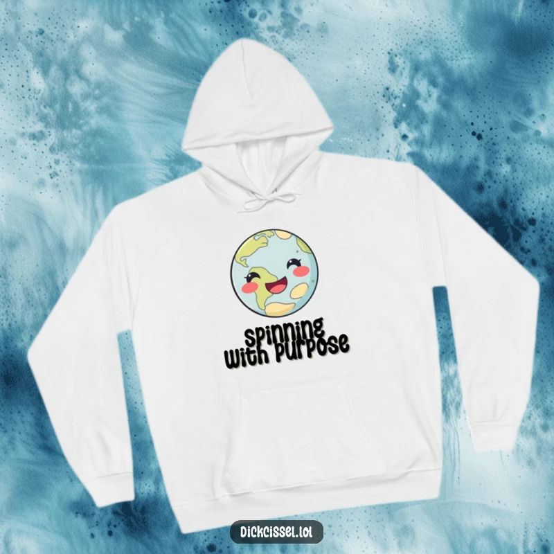 Funny happy planet hoodie showcasing a cheerful planet in a playful spin, offering warmth and laughter.