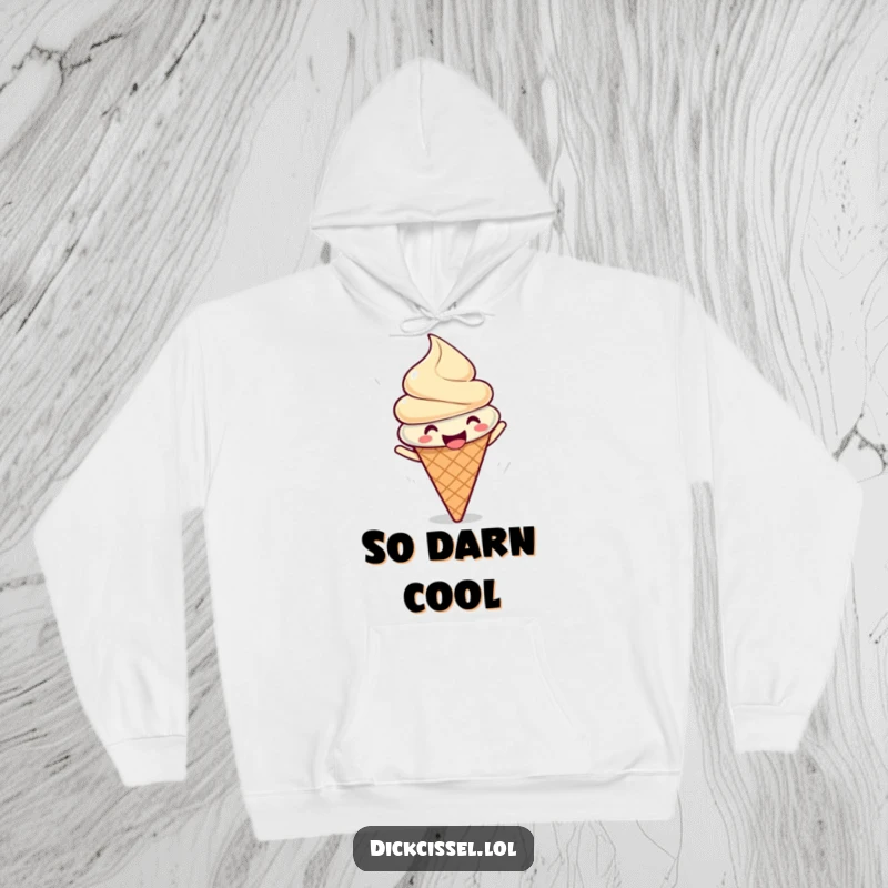 Funny hoodie showcasing a gleeful ice cream cone doing a joyful spin, offering warmth and sweet fun.
