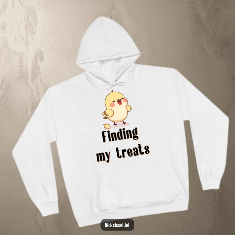 Funny hoodie illustrating a small bird zealously pecking at an unseen seed, capturing its amusing determination. Comfortable apparel.