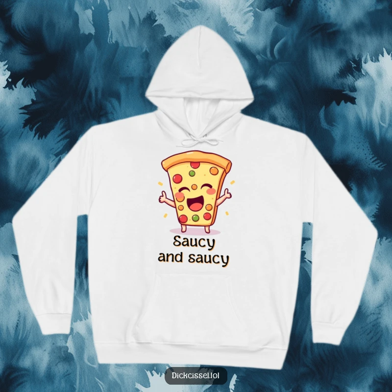 Funny hoodie showcasing an excited pizza slice giving a happy wink, offering warmth and cheesy humor.