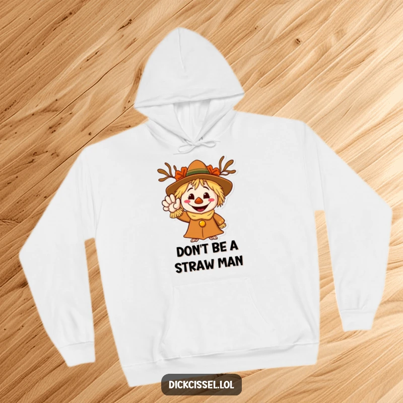 Funny hoodie showcasing a happy scarecrow character with a wide grin, waving a welcoming hand.