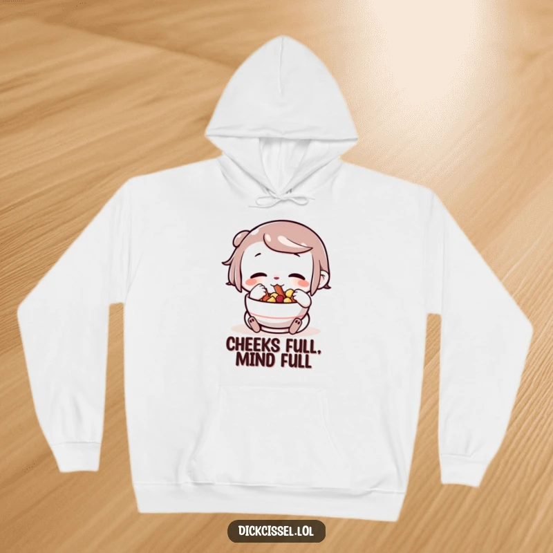 Funny character stuffing its cheeks with snacks from a bowl, depicted on a cozy hoodie, embodying the joy of comfortable snacking.