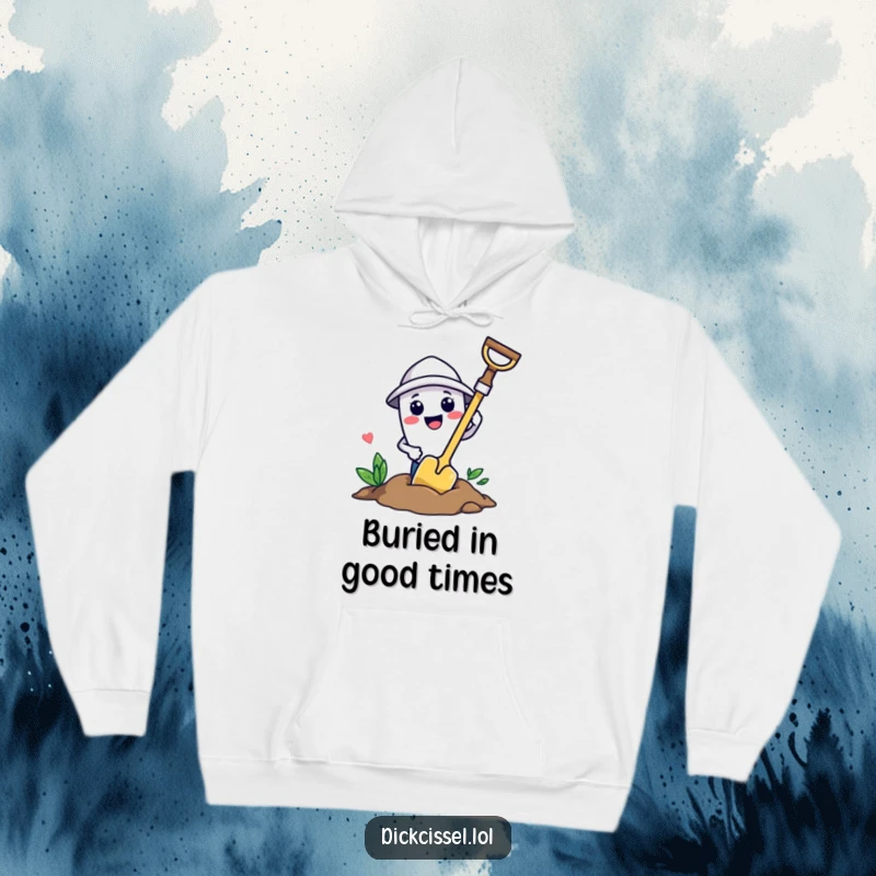 Comfortable funny trowel character with a grin, depicted digging a hole, perfect for cozy garden lovers.