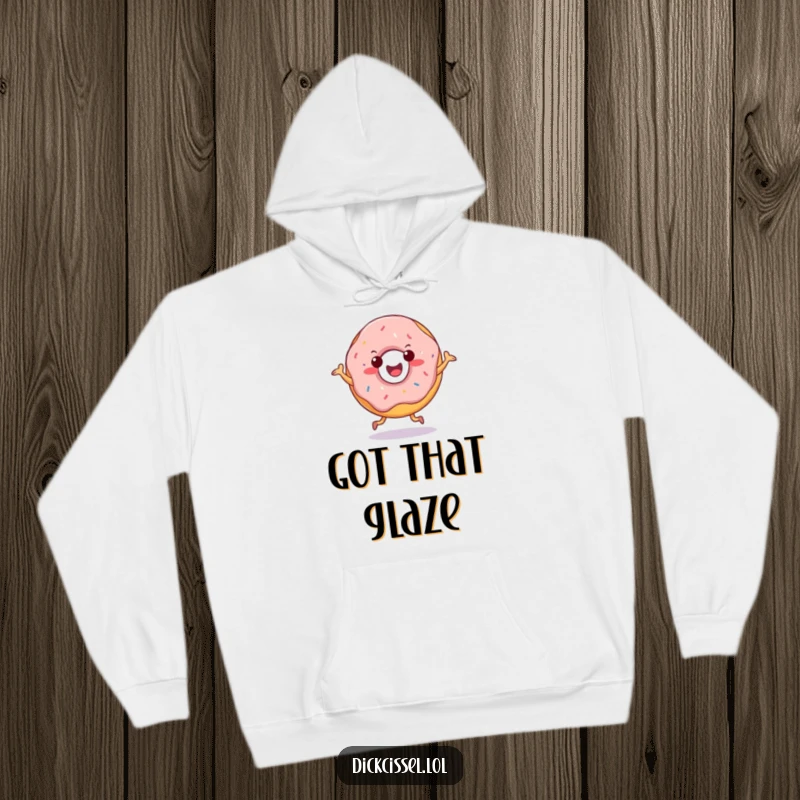 Funny hoodie showcasing a cheerful doughnut character doing a happy jig, offering warmth and sweet cheer.