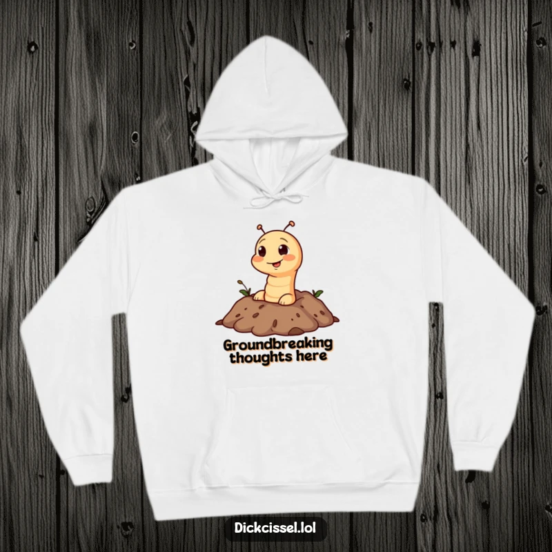 Funny hoodie featuring a cheeky worm character popping its head out from a textured soil background.