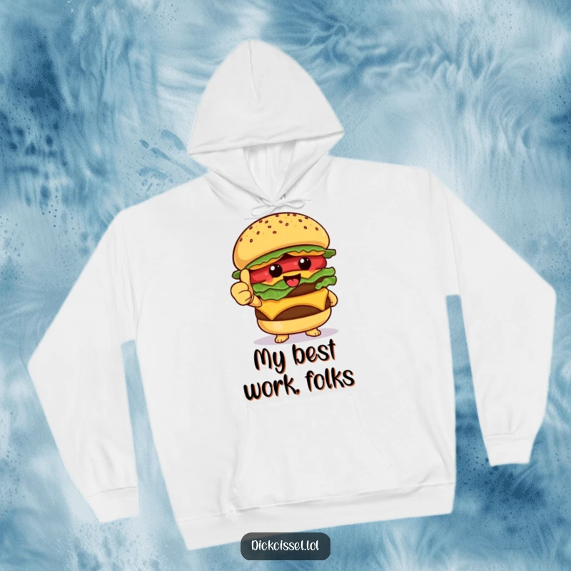 Funny Hoodie featuring a cheerful burger character giving a proud thumbs up, perfect for cozy days and spreading foodie cheer.