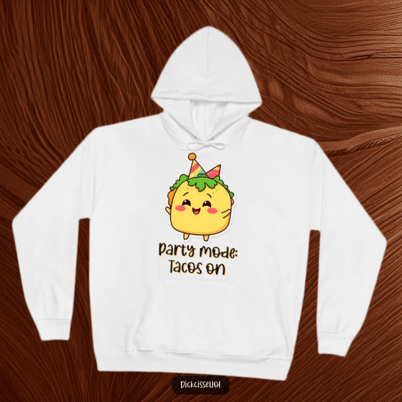 Funny taco character hoodie with a party hat, celebrating joyfully, embodying festive fun and warmth.