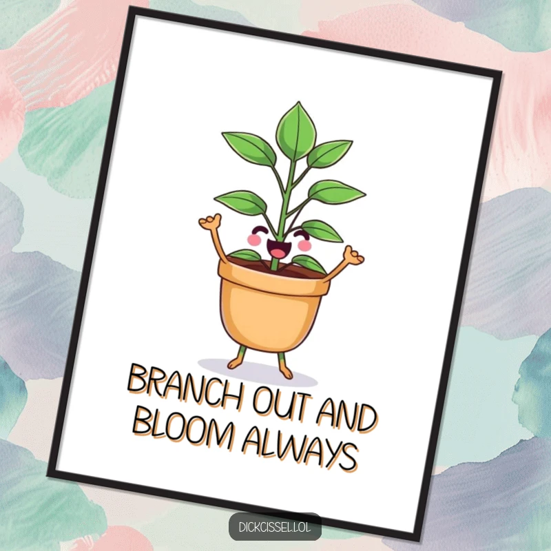 Funny Free Printable potted plant character dancing with pure joy, whimsical wall art.