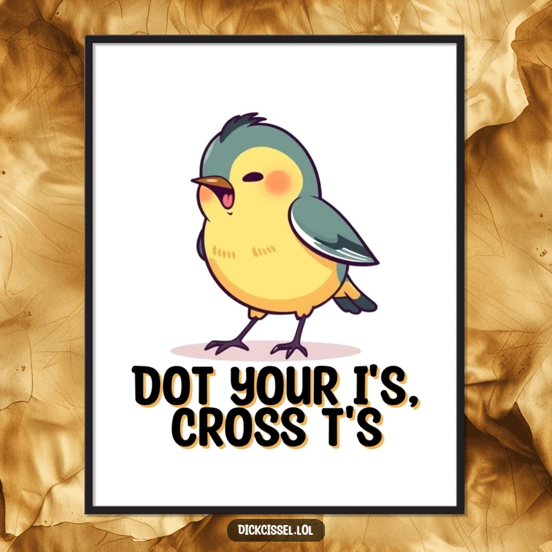 Funny Free Printable Wall Art depicting a stylized dickcissel bird excitedly pecking at a tiny, mysteriously glowing dot.