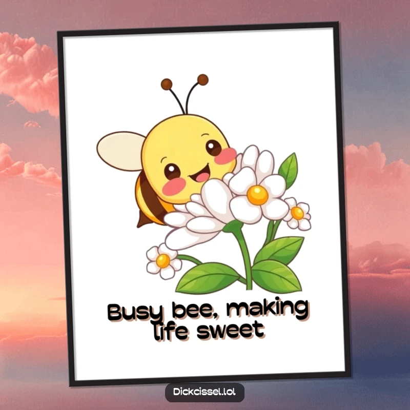 Funny Free Printable Wall Art of a friendly bee joyfully buzzing around a vibrant flower. A cheerful piece to add life and humor to any room.