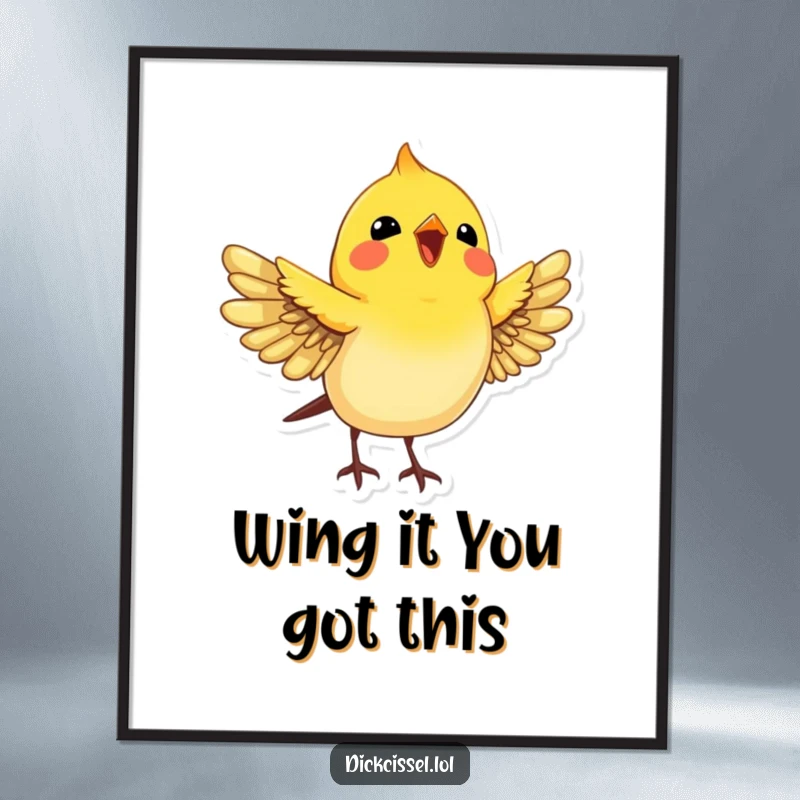 Funny Free Printable Dickcissel Wall Art: A bird with wings joyfully spread, looking upwards with an expression of pure happiness.