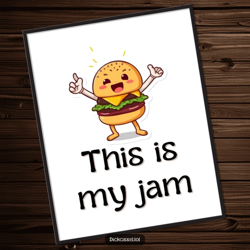 Funny Free Printable Wall Art of a beaming burger hero striking a powerful pose, perfect for adding quirky decor.