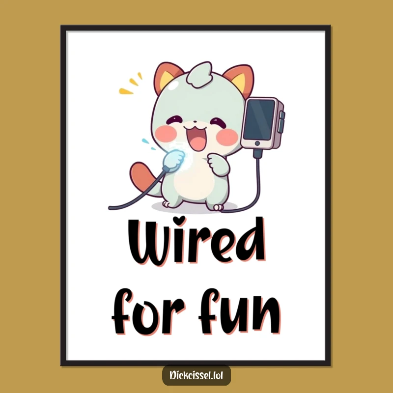 Free Printable Wall Art: Hilarious Tech Creature Plugging High-Voltage Cable, Funny Downloadable Decor