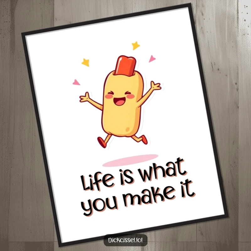 Funny Free Printable Wall Art of a grinning hot dog character captured mid-celebratory jump, perfect for whimsical decor.