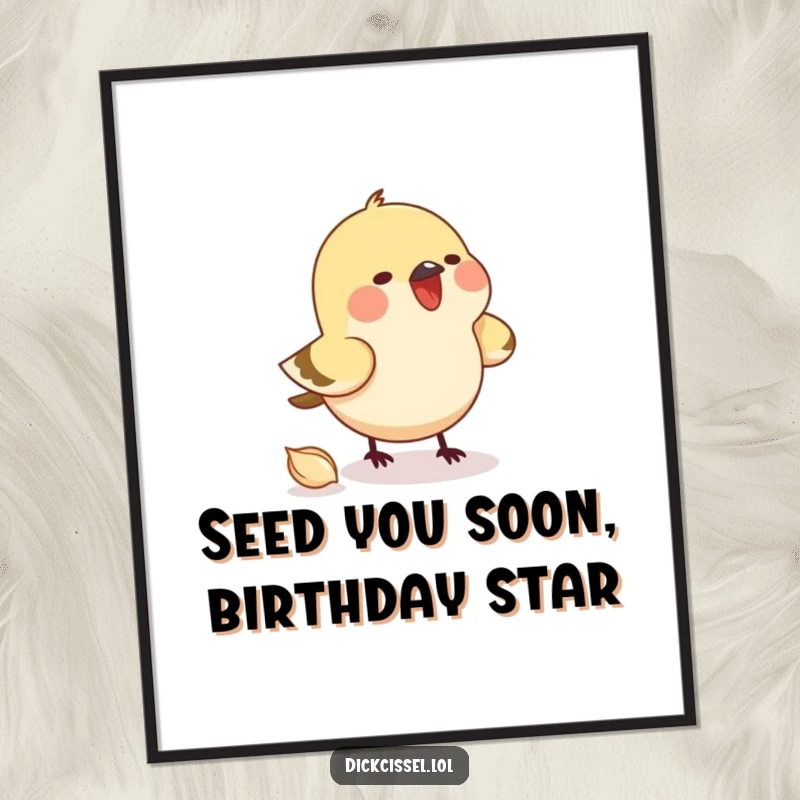 Funny Free Printable Wall Art depicting a small bird joyfully pecking at an invisible seed, adding a humorous touch to decor.