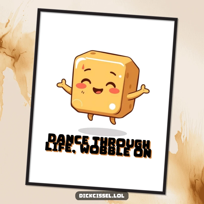 Funny free printable wall art featuring a smiling caramel cube doing a joyful, wobbly happy dance.