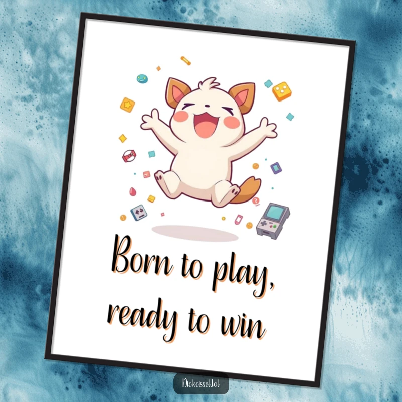 Funny Free Printable Wall Art: A creature joyfully jumping for joy, surrounded by tiny game icons, celebrating.