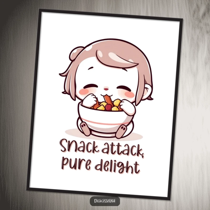 Funny Free Printable Wall Art: A character stuffing its cheeks with snacks from a bowl, a humorous depiction.