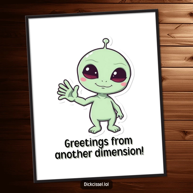 Funny Free Printable Wall Art: Mischievous alien sticker gives a funny wave, a quirky and humorous decoration. Downloadable art.