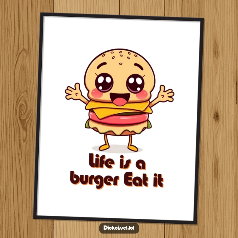 Funny free printable wall art of a burger character with huge googly eyes and flailing arms, creating a comical and energetic scene.