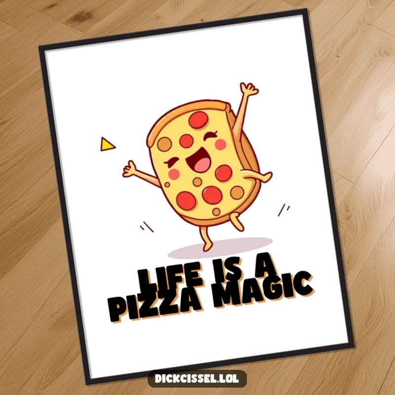 Funny Free Printable Wall Art: A piece of pizza in mid-cartwheel adds a dynamic and humorous element to your wall decor.