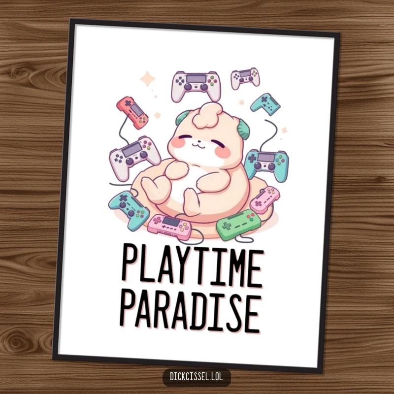 Funny Free Printable Wall Art: Creature happily lounging, surrounded by a delightful array of floating game controllers.