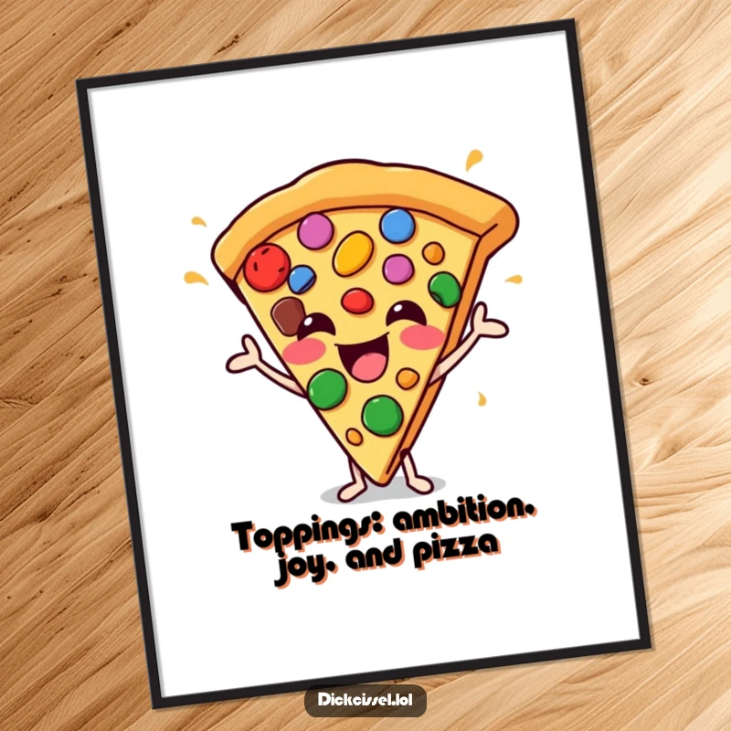 Funny Free Printable Wall Art: A happy pizza slice character joyfully juggling colorful toppings, adding a playful and delicious element to decor.