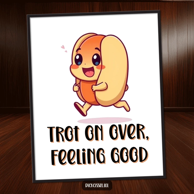 Funny Free Printable Wall Art of a smiling hot dog character doing a happy trot, adding whimsy to any room.