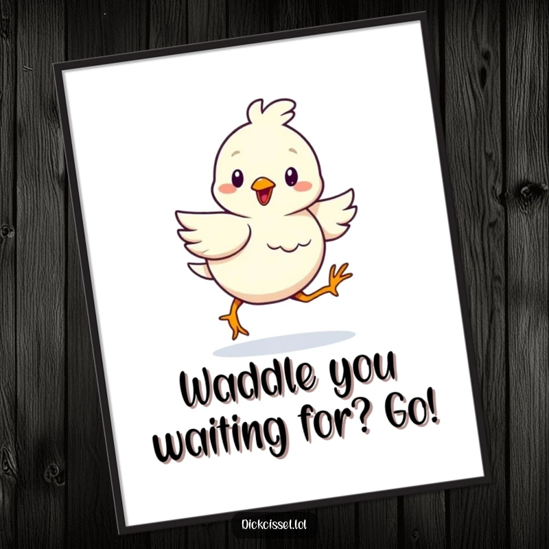 Funny Free Printable Wall Art: A cheerful bird in a determined, comical waddle, bringing quirky energy to the room.