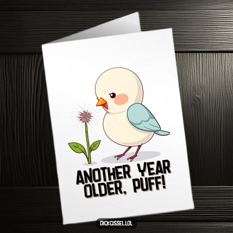 Funny Free Printable Birthday Card: Cute bird with a goofy grin pecking a fluffy dandelion, ready to celebrate.