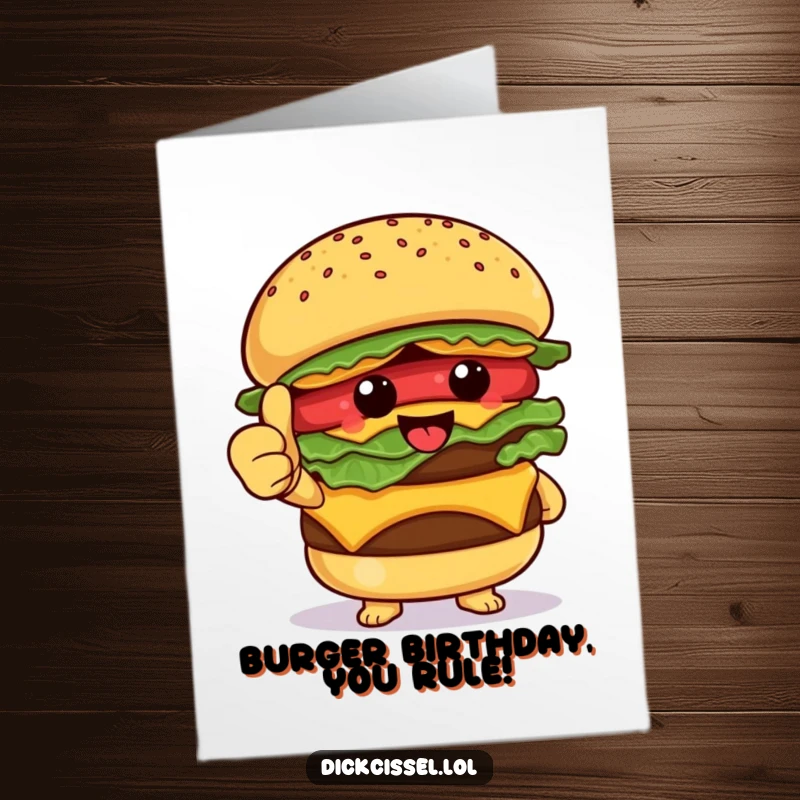 Funny Free Printable Birthday Card featuring a happy burger character proudly giving a thumbs up, perfect for a foodie.