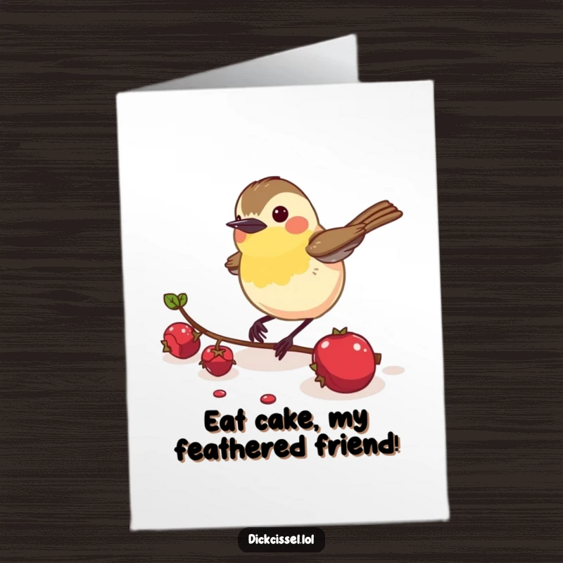 Funny Free Printable Dickcissel Birthday Card: An energetic bird enthusiastically pecking at a fallen berry, wishing a happy birthday.