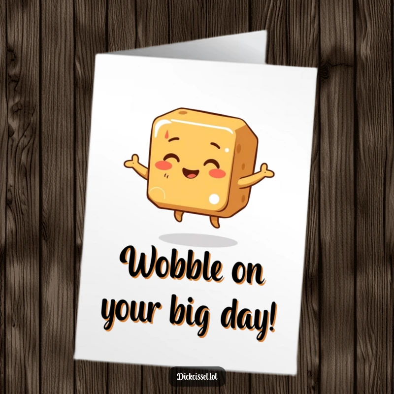 Funny free printable birthday card showing a happy caramel cube doing a silly, wobbly dance with a big smile.