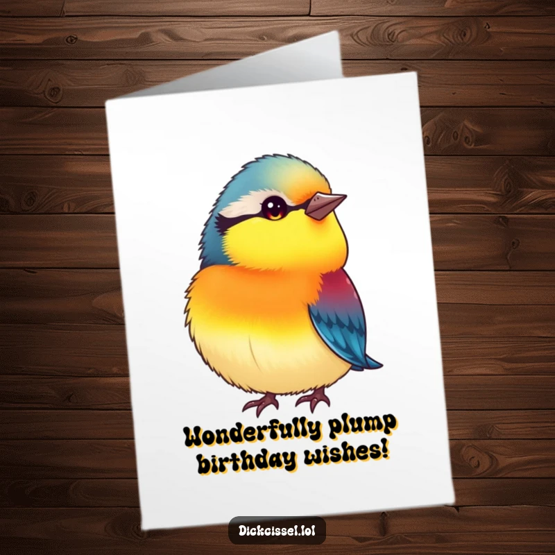 Funny Free Printable Birthday Card: Small plump bird with vibrant colors tilting head inquisitively, looking curious, a cute downloadable gift.