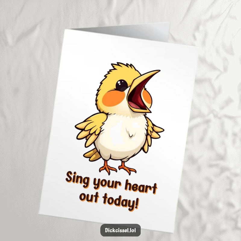 Funny Free Printable Birthday Card of a bird in full opera singer mode, beak wide open, belting out a birthday tune.
