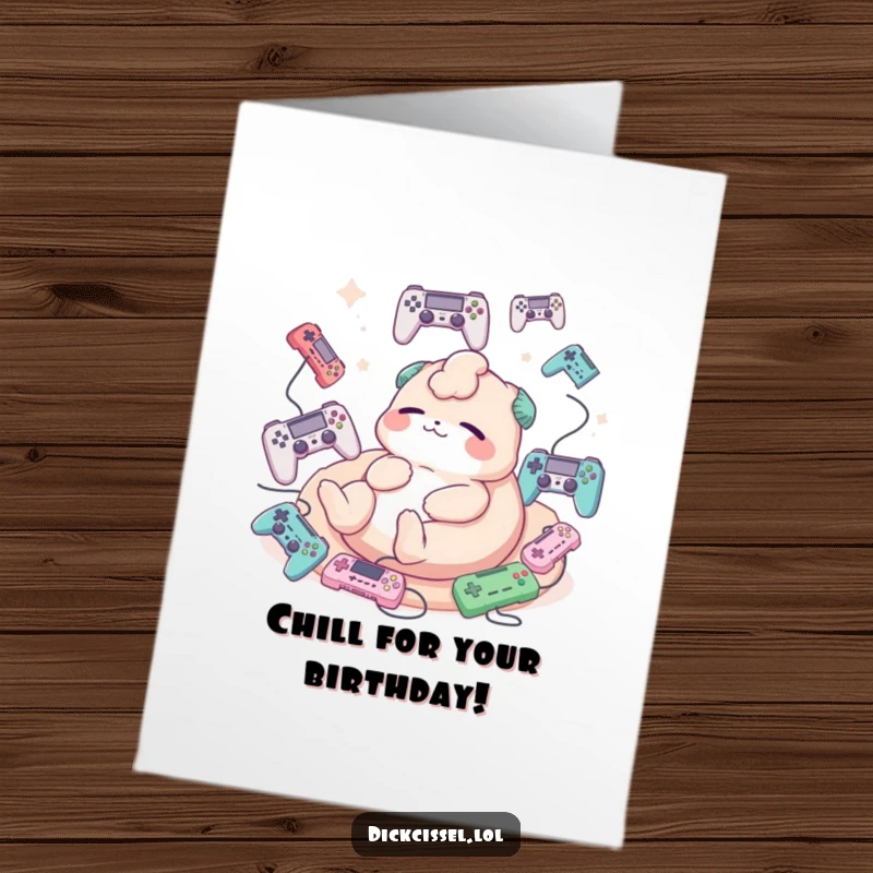 Funny Free Printable Birthday Card: Creature happily lounging, surrounded by many floating game controllers, in ultimate relaxation.