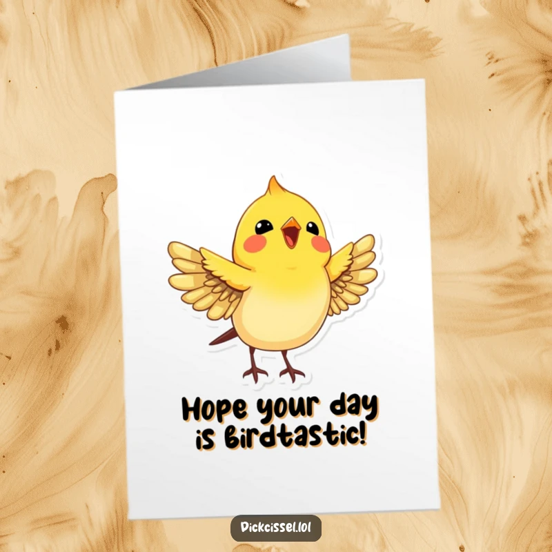 Funny Free Printable Dickcissel Birthday Card: A joyful bird with wings spread wide, looking up in celebration and happiness.
