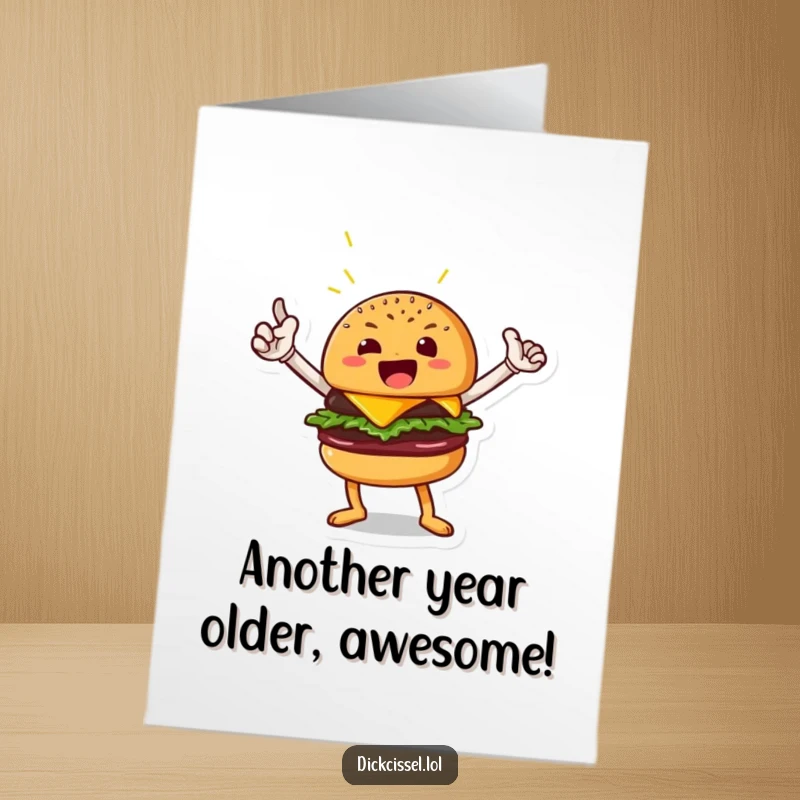 Funny Free Printable Birthday Card featuring a beaming burger character striking a confident, heroic pose, perfect for a downloadable gift.