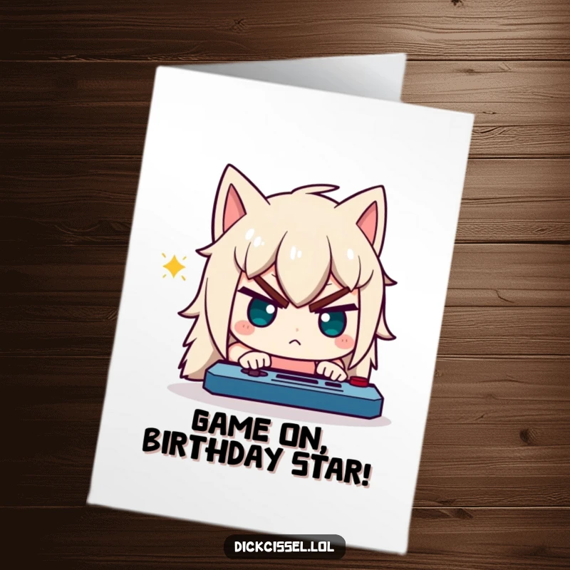 Funny Free Printable Birthday Card: Character with a comically determined expression intensely focused on playing a video game.