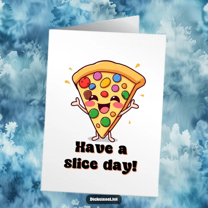 Funny Free Printable Birthday Card: A happy pizza slice character joyfully juggling colorful toppings, celebrating a fantastic birthday.